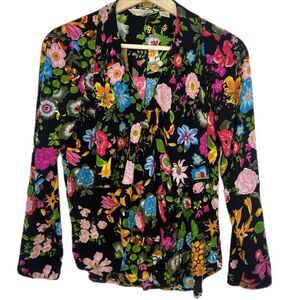 Anthropologie 11.1‎ TYLHO Colorful Floral Mireia Blouse Sm Draped Ruffle Teacher